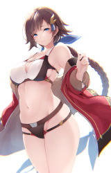Rule 34 | 1girl, bare shoulders, bikini, blue eyes, blush, braid, breasts, brown hair, cleavage, collarbone, granblue fantasy, highres, jacket, large breasts, leona (granblue fantasy), long hair, long sleeves, looking at viewer, nanahara fuyuki, navel, off shoulder, open clothes, open jacket, red jacket, simple background, single braid, smile, swimsuit, thighs, very long hair