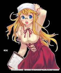 Rule 34 | 1girl, blonde hair, blue eyes, bonnet, breasts, character request, dress, glasses, korean text, large breasts, master of fantasy, open mouth, seedark, solo, transparent background