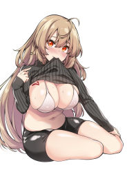 Rule 34 | 1girl, bike shorts, bikini, blush, breasts, brown hair, cleavage, clothes lift, girls&#039; frontline, highres, large breasts, lifting own clothes, long hair, looking at viewer, m37 (girls&#039; frontline), mouth hold, navel, number tattoo, orange eyes, ribbed sweater, simple background, sitting, solo, spicy moo, sweater, sweater lift, swimsuit, tattoo, very long hair, white background, white bikini, yokozuwari