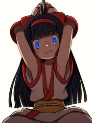 Rule 34 | 1girl, ainu clothes, armpits, arms behind head, arms up, black hair, breasts, crazy eyes, fingerless gloves, gameplay mechanics, girl on top, gloves, hair ribbon, highres, imminent death, incoming attack, legs, long hair, looking down, nakoruru, open mouth, pants, pov, ribbon, samurai spirits, shaded face, small breasts, smile, snk, solo, the king of fighters, thighs, veil8801, weapon, wide-eyed, yandere