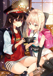 Rule 34 | &gt;:), 2girls, :o, :q, aged down, alternate costume, backpack, bag, bare shoulders, black bag, black bow, black footwear, black legwear, blonde hair, bow, brown hair, clothes writing, commentary request, contemporary, detached sleeves, fate/grand order, fate (series), hair between eyes, hair bow, hat, highres, holding, jacket, japanese clothes, kimono, long hair, miniskirt, mirei, multiple girls, nintendo switch, oda nobunaga (fate), oda nobunaga (koha-ace), oda nobunaga (swimsuit berserker) (first ascension) (fate), okita souji (fate), okita souji (koha-ace), open mouth, peaked cap, pencil skirt, petals, red eyes, red shirt, shirt, shoes, short hair, short kimono, sidelocks, sitting, skirt, sleeveless, sleeveless kimono, sneakers, striped clothes, striped skirt, thighhighs, thighs, tongue, tongue out, v-shaped eyebrows, very long hair, white skirt, yellow eyes, zettai ryouiki