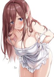 Rule 34 | 1girl, apron, armpits, arms behind back, artist name, bare shoulders, bent over, blue eyes, blush, breasts, brown hair, cleavage, closed mouth, collarbone, commentary request, cowboy shot, eyes visible through hair, frilled apron, frills, frown, go-toubun no hanayome, hair over one eye, hanging breasts, highres, huge breasts, large breasts, long hair, looking at viewer, nakano miku, naked apron, saya (mychristian2), simple background, solo, strap slip, thighs, very long hair, wavy mouth, white apron, white background
