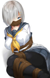 Rule 34 | 1girl, bdsm, black pantyhose, blue eyes, bondage, bound, breasts, gag, hair ornament, hair over one eye, hairclip, hamakaze (kancolle), highres, hoojiro (found1093), kantai collection, large breasts, looking at viewer, neckerchief, pantyhose, pleated skirt, school uniform, serafuku, short hair, short sleeves, silver hair, simple background, skirt, solo, white background, yellow neckerchief
