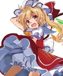 Rule 34 | 1girl, :d, arm up, ascot, back bow, blonde hair, bloomers, blush stickers, bow, cowboy shot, crystal, fang, flandre scarlet, frilled skirt, frills, hat, hat ribbon, looking at viewer, mob cap, one side up, open mouth, paragasu (parags112), red eyes, red ribbon, red skirt, red vest, ribbon, shirt, short hair, simple background, sketch, skirt, skirt set, smile, solo, touhou, underwear, upskirt, v-shaped eyebrows, vest, white background, white bloomers, white bow, white hat, white shirt, wings, yellow ascot