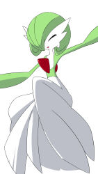 1girl ^_^ arm_up bob_cut closed_eyes colored_skin creatures_(company) female_focus flat_chest game_freak gardevoir gen_3_pokemon green_hair green_skin hair_over_one_eye happy multicolored_skin nintendo one_eye_covered open_mouth outstretched_arm pokemon pokemon_(creature) short_hair simple_background smile solo tsutsu_izakura two-tone_skin white_background white_skin