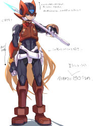 1boy absurdres android armor black_eyes blonde_hair commentary_request energy_blade forehead_jewel full_body helmet highres holding holding_polearm holding_weapon long_hair male_focus mega_man_(series) mega_man_zero_(series) omochi_(mochi_skymega) polearm red_armor red_helmet simple_background solo spear standing translation_request weapon white_background z_saber zero(z)_(mega_man) zero_(mega_man)