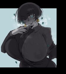 1girl allmind_(armored_core_vi) armored_core armored_core_vi:_fires_of_rubicon black_nails blue_eyes blush breasts collared_shirt covered_erect_nipples earrings fingernails glowing glowing_eye greyscale_with_colored_background hair_over_one_eye heart highres huge_breasts jacket jewelry krekkov long_fingernails looking_at_viewer necktie partially_open_jacket shirt short_hair solo spoken_heart spot_color suit_jacket sweat sweatdrop textless_version triangle_earrings very_short_hair