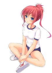 Rule 34 | 1girl, asics, bad id, bad pixiv id, blue eyes, blush, breasts, buruma, full body, gym uniform, highres, indian style, long hair, original, ponytail, red hair, shoes, simple background, sitting, sneakers, solo, tiphereth, v arms, white background