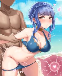 Rule 34 | 1boy, 1girl, absurdres, alternate costume, arm grab, arm held back, bad id, bad pixiv id, bare shoulders, beach, bikini, bikini pull, blue bikini, blue hair, blue sky, blush, bracelet, braid, breasts, cleavage, clothed female nude male, clothes pull, cloud, collarbone, commentary, cross-section, crown braid, cum, cum in pussy, drooling, ejaculation, english commentary, faceless, faceless male, fertilization, fire emblem, fire emblem: three houses, fire emblem heroes, gem, groin, heart, hetero, highres, impregnation, jewelry, large breasts, looking at viewer, marianne von edmund, navel, nintendo, nude, ocean, official alternate costume, outdoors, ovum, public indecency, saliva, schooler, sex, sex from behind, short hair with long locks, sidelocks, skindentation, sky, sperm cell, standing, standing sex, swimsuit, tearing up, thick thighs, thighs, twitching, twitter username, vaginal