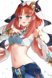 Rule 34 | 1girl, :d, bare shoulders, blue skirt, blush, breasts, brooch, commentary, crop top, detached sleeves, genshin impact, green eyes, highres, horns, jewelry, long hair, long sleeves, medium breasts, midriff, navel, nilou (genshin impact), open mouth, red hair, shancha, simple background, skirt, smile, solo, stomach, upper body, veil, very long hair, white background