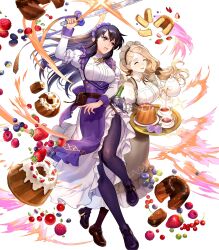 Rule 34 | 2girls, apron, asatani tomoyo, ayra (fire emblem), belt pouch, berry, black hair, blackberry (fruit), blonde hair, bottle, breasts, bucket, cake, cake slice, cherry, closed eyes, cup, dress, fire emblem, fire emblem: genealogy of the holy war, fire emblem: three houses, fire emblem heroes, flower, food, fruit, full body, glass bottle, highres, holding, holding tray, holding weapon, long skirt, long sleeves, maid, maid headdress, medium breasts, mercedes von martritz, multiple girls, nintendo, non-web source, official art, open mouth, pantyhose, pouch, puffy sleeves, purple eyes, shoes, side slit, skirt, sparkle, steam, strawberry, teacup, teapot, teeth, transparent background, tray, upper teeth only, weapon, wrist cuffs