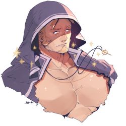 Rule 34 | 1boy, bara, beard, blonde hair, blue eyes, cross, facial hair, hood, hoodie, jacob (housamo), jewelry, large pectorals, long sideburns, looking at viewer, male focus, muscular, necklace, pectorals, rybiok, sideburns, solo, tokyo houkago summoners, transparent background, upper body