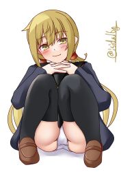Rule 34 | 1girl, ass, black thighhighs, blonde hair, brown footwear, closed mouth, highres, ishida arata, kantai collection, knees up, loafers, long hair, panties, satsuki (kancolle), school uniform, serafuku, shoes, simple background, smile, solo, thighhighs, twintails, twitter username, underwear, white background, white panties, yellow eyes