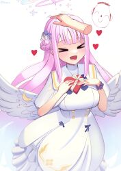 Rule 34 | &gt;o&lt;, 1girl, absurdres, angel wings, blue archive, blush, box, box of chocolates, closed eyes, doodle sensei (blue archive), hand on another&#039;s head, headpat, heart, highres, kieharo, long hair, mika (blue archive), open mouth, pink hair, school uniform, scrunchie, sensei (blue archive), simple background, smile, valentine, wings