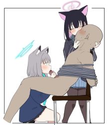Rule 34 | 1boy, 2girls, animal ear fluff, animal ears, berserkert, black hair, black pantyhose, blue archive, blush, bound, bound arms, chair, clothed female nude male, commentary request, closed eyes, faceless, faceless male, fellatio, femdom, from side, grey hair, halo, hetero, jacket, kazusa (blue archive), kiss, long sleeves, multiple girls, nude, oral, pantyhose, penis, pink hair, pleated skirt, scarf, shiroko (blue archive), short hair, simple background, sitting, skirt, sweat, white background