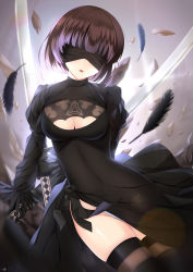 Rule 34 | 1girl, arms behind back, bad id, bad pixiv id, black dress, black gloves, black hairband, black thighhighs, blindfold, blunt bangs, boots, breasts, brown thighhighs, cleavage, cleavage cutout, clothing cutout, covered eyes, cowboy shot, dress, feathers, gloves, groin, hairband, highres, holding, holding sword, holding weapon, juliet sleeves, katana, legs together, leotard, long sleeves, medium breasts, nier:automata, nier (series), no mole, open mouth, puffy sleeves, ribbed dress, rko (a470350510), short dress, short hair, side slit, silver hair, skindentation, solo, sword, thigh boots, thighhighs, vambraces, weapon, weapon on back, white leotard, 2b (nier:automata)