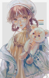 Rule 34 | 1girl, absurdres, averting eyes, braid, brown hair, denim, glasses, green eyes, hat, highres, holding, holding stuffed toy, jacket, looking at viewer, original, outside border, patchwork, simple background, solo, stuffed animal, stuffed toy, teddy bear, twin braids, white hat