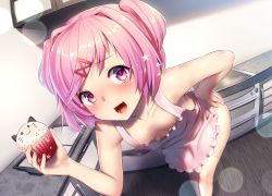 Rule 34 | 1girl, apron, ayagi daifuku, blush, breasts, collarbone, cupcake, doki doki literature club, eyelashes, fang, food, hair intakes, hair ornament, hairclip, hand on own hip, happy, holding, holding food, icing, indoors, kitchen, legs together, looking at viewer, naked apron, natsuki (doki doki literature club), open mouth, pink apron, pink eyes, pink hair, short hair, small breasts, solo, sprinkles, standing, star (symbol), swept bangs, two side up