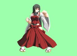 Rule 34 | 1girl, bare shoulders, black hair, breasts, clenched hands, detached sleeves, female focus, fighting stance, hakama, hakama pants, hinnnyuuha, japanese clothes, large breasts, leotard, long hair, m.u.g.e.n, nontraditional miko, pants, sandals, sendai hakurei no miko, simple background, solo, sprite art, tabi, touhou, wide sleeves, yellow eyes