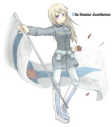 Rule 34 | 1girl, blonde hair, boots, eila ilmatar juutilainen, female focus, finnish flag, flag, full body, grin, highres, long hair, military, military uniform, pantyhose, purple eyes, runes, sio2, smile, solo, strike witches, uniform, white background, white pantyhose, world witches series