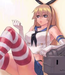 Rule 34 | 1girl, absurdres, aged up, alternate breast size, archvermin, black hairband, black panties, blonde hair, breasts, covered erect nipples, crop top, elbow gloves, gloves, grey eyes, hairband, highres, kantai collection, knees up, long hair, medium breasts, miniskirt, panties, rensouhou-chan, school uniform, serafuku, shimakaze (kancolle), sitting, skirt, striped clothes, striped thighhighs, thighhighs, turret, underwear, white background, white gloves