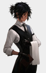 Rule 34 | 1boy, alternate costume, arknights, black gloves, black hair, black necktie, black pants, black vest, butler, collared shirt, cowboy shot, dark-skinned male, dark skin, geebee 79, glasses, gloves, highres, looking to the side, male focus, necktie, pants, ponytail, shirt, short ponytail, simple background, sleeves rolled up, solo, thorns (arknights), towel, vest, white background, white shirt, yellow eyes