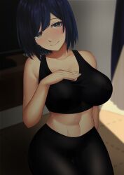 Rule 34 | 1girl, abs, black bra, black pants, blue hair, blush, bra, breast suppress, breasts, cleavage, closed mouth, collarbone, commentary, cowboy shot, head tilt, large breasts, looking at viewer, navel, nijisanji, pants, shade, shizuka rin, short hair, smile, solo, sports bra, stomach, sweat, swept bangs, tight clothes, tight pants, touki (tsuitta), underwear, virtual youtuber, yellow eyes