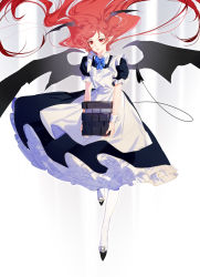 Rule 34 | 1girl, :o, abstract background, adapted costume, apron, bat wings, black dress, black footwear, blue bow, book, book stack, bow, bowtie, collared shirt, demon girl, demon tail, demon wings, dress, expressionless, floating, floating hair, full body, grey background, head wings, highres, holding, holding book, koakuma, large wings, long dress, long hair, looking at viewer, maid apron, parted bangs, parted lips, petticoat, pointy ears, puffy sleeves, red eyes, red hair, shirt, solo, tail, tian (my dear), touhou, very long hair, white background, white legwear, wings, wrist cuffs