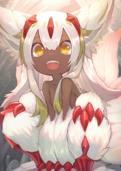 Rule 34 | 1girl, :d, akuma (st.takuma), animal ears, breasts, claws, commentary, dark-skinned female, dark skin, extra arms, fangs, faputa, fur, hair between eyes, highres, long hair, looking at viewer, made in abyss, monster girl, multiple tails, nude, open mouth, sharp teeth, small breasts, smile, solo, squatting, tail, teeth, white fur, white hair, yellow eyes