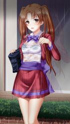 Rule 34 | 1girl, bag, brown eyes, brown hair, collared shirt, doukyuusei another world, dress shirt, game cg, holding, holding bag, jacket, kakyuusei, kanou ryouko, long hair, long sleeves, looking at viewer, miniskirt, official art, open clothes, open jacket, open mouth, outdoors, pleated skirt, purple neckwear, rain, red jacket, red skirt, school bag, school uniform, shirt, skirt, solo, standing, twintails, very long hair, wet, wet clothes, wet hair, wet jacket, wet shirt, white shirt, wing collar