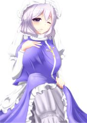 Rule 34 | 1girl, bad id, bad pixiv id, blue eyes, breasts, crossed legs, hair between eyes, hair in own mouth, hand on own chest, hand on own knee, highres, large breasts, letty whiterock, light purple hair, long sleeves, looking at viewer, one eye closed, pants, parted lips, puffy long sleeves, puffy sleeves, shiro oolong-cha, shirt, short hair, sitting, solo, touhou, white pants, white shirt, yuki onna