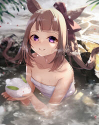Rule 34 | 1girl, animal ears, bare arms, bare shoulders, blurry, blurry background, blush, bow, braid, brown bow, brown hair, closed mouth, collarbone, commentary request, depth of field, hair bow, hair rings, highres, holding, horse ears, long hair, looking at viewer, naked towel, onsen, outdoors, partially submerged, purple eyes, smile, snow, snow rabbit, solo, steam, sweep tosho (umamusume), towel, twintails, umamusume, water, wet, yuuji (yukimimi)