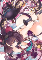 Rule 34 | 1girl, absurdres, ass, bare shoulders, beads, belt, bikini, bracelet, breasts, butt crack, cleavage, fate/grand order, fate (series), floral print, goggles, goggles on head, hair ornament, highres, jewelry, katana, katsushika hokusai (fate), katsushika hokusai (swimsuit saber) (fate), large breasts, leaning forward, long hair, looking at viewer, miya ur, navel, obi, octopus, open mouth, purple eyes, purple hair, sash, sidelocks, swimsuit, sword, thigh strap, thighs, tokitarou (fate), weapon, white bikini