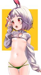 Rule 34 | 1girl, bikini, bikini bottom only, blush, breasts, buck teeth, crop top, detached sleeves, female focus, groin, highres, medium hair, motto notto, navel, notched ear, open mouth, original, purple hair, rabbit ears, rabbit girl, red eyes, sleeves past wrists, small breasts, solo, swimsuit, tareme, teeth, thigh gap, underboob, upper teeth only, v