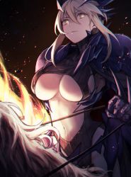 Rule 34 | 1girl, armor, artoria pendragon (all), artoria pendragon (fate), artoria pendragon (lancer alter) (fate), blonde hair, breasts, center opening, chromatic aberration, cleavage, closed mouth, commentary, crotch seam, fate/grand order, fate (series), gauntlets, hair between eyes, headpiece, highres, horseback riding, large breasts, leotard, looking at viewer, mephisto (angraecum), navel, reins, ribbed leotard, riding, saber (fate), saber alter, short hair with long locks, shoulder armor, solo, sparks, turtleneck, underboob, upper body, yellow eyes