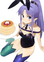 Rule 34 | absurdres, animal ears, asymmetrical legwear, black leotard, blue eyes, blue hair, detached collar, fake animal ears, fate/grand order, fate (series), food, highres, holding, holding plate, leotard, long hair, looking at viewer, medea (lily) (fate), mismatched legwear, nanao (aoyamahikari), necktie, pancake, plate, playboy bunny, pointy ears, ponytail, rabbit ears, seiza, sitting, solo, strapless, strapless leotard, thighhighs, white background