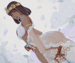 Rule 34 | 1girl, armlet, ass, bare shoulders, bra, bright pupils, cowboy shot, dark-skinned female, dark skin, dutch angle, egyptian, from behind, highres, kumanz, lingerie, lips, looking at viewer, medium hair, menat, nail polish, parted lips, petals, purple nails, signature, solo, street fighter, street fighter v, thighhighs, underwear, white background, white bra, white pupils