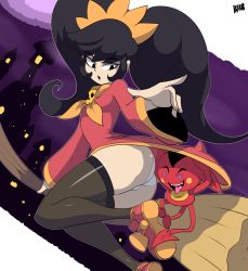 Rule 34 | 1boy, 1girl, :o, ashley (warioware), ass, big hair, bigdead, black eyes, black hair, black thighhighs, blue eyes, blush stickers, broom, broom riding, clothes lift, demon horns, demon tail, dress, dress lift, eyebrows, hairband, highres, horns, lifting another&#039;s clothes, long hair, long sleeves, looking down, neckwear request, nintendo, orange hairband, orange neckwear, outstretched arm, panties, parted lips, red (warioware), red dress, red footwear, sidelocks, size difference, skull, smile, solo, tail, teeth, thighhighs, thighs, tongue, tongue out, twintails, underwear, upper teeth only, warioware, white panties, wide sleeves, witch