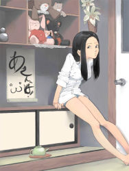 Rule 34 | 1girl, :3, akinbo (hyouka fuyou), arm support, black eyes, black hair, flower, leaning forward, legs, long hair, original, sitting, sleeves pushed up, solo, stuffed toy, teapot, thighs