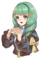 Rule 34 | 1girl, :d, absurdres, artist name, black dress, blush, commentary request, cropped torso, dress, fire emblem, fire emblem: three houses, flayn (fire emblem), food, green eyes, green hair, hair intakes, hair ornament, highres, holding, holding food, juliet sleeves, long hair, long sleeves, miran (olivine 20), nintendo, open mouth, puffy sleeves, simple background, smile, solo, twitter username, upper body, white background