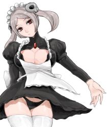 Rule 34 | 1girl, apron, black panties, bloody marie (skullgirls), breasts, cleavage, cleavage cutout, clothing cutout, grey hair, hair ornament, looking at viewer, maid, maid apron, maid headdress, panties, red eyes, ribbon, skull, skull hair ornament, skullgirls, solo, thighhighs, twintails, underwear