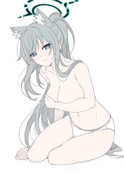 Rule 34 | 1girl, animal ear fluff, animal ears, barefoot, blue archive, blue eyes, blush, breasts, closed mouth, collarbone, covering privates, covering breasts, grey hair, halo, highres, large breasts, long hair, looking at viewer, masabodo, navel, panties, ponytail, shiroko (blue archive), shiroko terror (blue archive), simple background, sitting, solo, thighs, toenails, toes, topless, underwear, white background, white panties