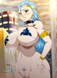 Rule 34 | 1girl, aquarius (fairy tail), armlet, armpits, bare shoulders, bikini, bikini top only, blue eyes, blue hair, blue pubic hair, blush, bottomless, bracelet, breasts, building, cleft of venus, cloud, colored pubic hair, cowboy shot, curvy, earrings, fairy tail, female focus, female pubic hair, hands on own hips, highres, huge breasts, jewelry, linea alba, long hair, looking at viewer, matching hair/eyes, outdoors, parted lips, pubic hair, pussy, rtenzo, sideboob, sky, smile, solo, standing, strap gap, swimsuit, tattoo, twitter username, uncensored, underboob, wide hips