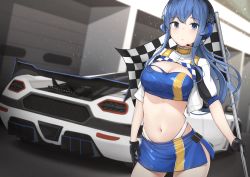 Rule 34 | 1girl, bandeau, black gloves, blue bandeau, blue eyes, blue hair, breasts, car, checkered flag, cleavage, cropped jacket, driftkingtw, flag, gloves, gotland (kancolle), headphones, headset, highleg, highres, holding, holding flag, kantai collection, large breasts, long hair, midriff, mole, mole under eye, motor vehicle, navel, race queen, short sleeves, side slit, skirt, solo