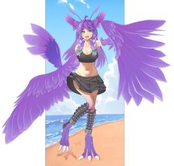 Rule 34 | 1girl, absurdres, ahoge, bare shoulders, beach, bird legs, bird tail, black skirt, blush, braid, breadcrutz, breasts, cleavage, commentary request, fangs, feathered wings, feathers, footprints, full body, green eyes, green ribbon, hair ribbon, harpy, head wings, highres, large breasts, long hair, looking at viewer, midriff, monster girl, navel, open mouth, original, purple feathers, purple hair, purple wings, ribbon, side braid, skirt, solo, standing, standing on one leg, tail, talons, twin braids, winged arms, wings
