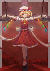 Rule 34 | 1girl, absurdres, ascot, back bow, barefoot, blood, bloody tears, bow, chained wrists, closed mouth, collared shirt, cross, flandre scarlet, frilled skirt, frills, full body, hat, hat ribbon, highres, looking at viewer, mob cap, one eye closed, puffy short sleeves, puffy sleeves, red background, red eyes, red ribbon, red skirt, red theme, red vest, ribbon, shirt, short hair, short sleeves, skirt, skirt set, solo, tenkijio, touhou, vest, white bow, white hat, white shirt, wrist cuffs, yellow ascot