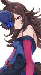 Rule 34 | 1girl, absurdres, animal ears, bare shoulders, blue flower, blue rose, bow, breasts, brown hair, clothing cutout, commentary request, dress, flower, fur choker, hair over one eye, hands up, happy valentine, hat, hat flower, highres, horse ears, horse girl, long hair, long sleeves, looking at viewer, looking back, off-shoulder dress, off shoulder, parted lips, pirukusu, purple dress, purple eyes, purple headwear, rice shower (umamusume), rose, small breasts, solo, tail, tail through clothes, umamusume, upper body, v-shaped eyebrows