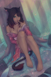 Rule 34 | 10s, 1girl, against tree, animal ears, bare shoulders, barefoot, blue eyes, breasts, brown hair, cat ears, cat tail, cleavage, dark-skinned female, dark skin, eyeliner, feet, final fantasy, final fantasy xiv, finger to mouth, floral print, forest, full body, japanese clothes, kimono, knees up, lipstick, long hair, looking at viewer, makeup, miqo&#039;te, nail polish, nature, off shoulder, on ground, outdoors, panties, pantyshot, parted bangs, petals, pink lips, pink nails, pink panties, sash, sitting, slit pupils, solo, soranamae, tail, toenail polish, toenails, tongue, tongue out, tree, underwear, warrior of light (ff14)
