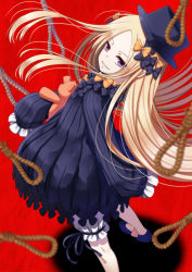 Rule 34 | 1girl, abigail williams (fate), black bow, black dress, black hat, blonde hair, bloomers, bow, bug, butterfly, dress, evil smile, fate/grand order, fate (series), hair bow, hands in opposite sleeves, hat, hugging object, insect, long hair, long sleeves, looking at viewer, looking back, mizunashi hayate, noose, orange bow, parted bangs, parted lips, polka dot, polka dot bow, purple eyes, purple footwear, rope, shoes, smile, solo, stuffed animal, stuffed toy, teddy bear, underwear, very long hair, white bloomers