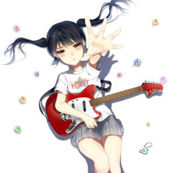 Rule 34 | 1girl, bad id, bad pixiv id, black hair, brown eyes, electric guitar, foreshortening, gem, guitar, instrument, k-on!, long hair, lying, nakano azusa, outstretched arm, outstretched hand, pleated skirt, reaching, shiranori, shirt, skirt, solo, tears, twintails